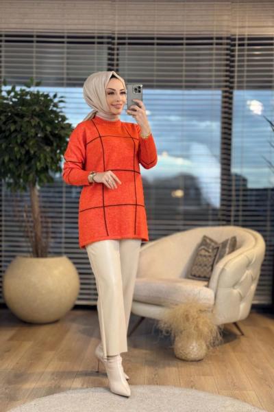 7139 Kare Sim Desenli Triko Tunik Oranj