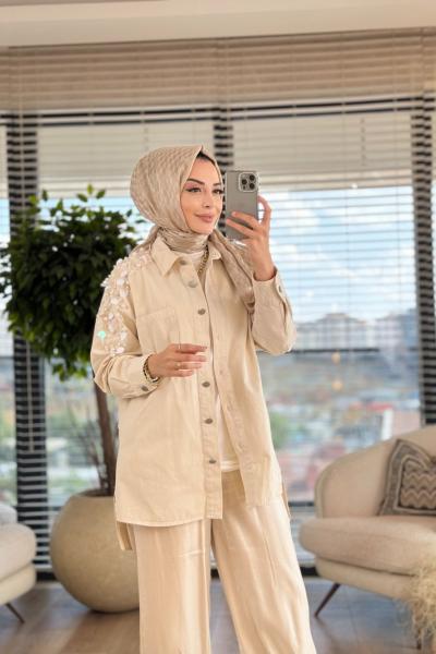 7196 Omuzları Pul Ve İnci İşli Tunik Ekru