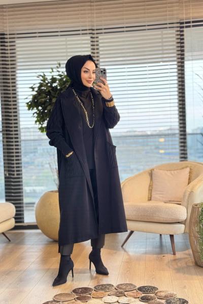 7201 Altı Düğmeli Trikolu İki İplik Kaban Siyah