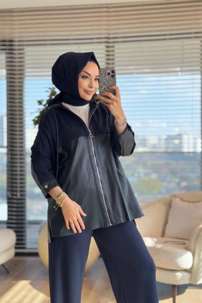 72093 Önü Ve Kapşonu Deri Detaylı Takım Lacivert