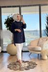 7242 Sağ Omuz Yaprak İnci İşleme Tencel Tunik Koyu Lacivert