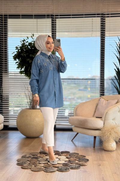 7250 Tencel Roba Kare Parçalı Gömlek Mavi