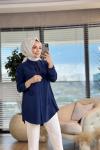 7259 Serpme Yelpaze Nakışlı Tencel Gömlek Lacivert