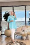 7259 Serpme Yelpaze Nakışlı Tencel Gömlek Turkuaz