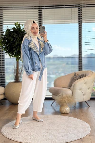 7270 Yakası Zımbalı Kot Ceket Mavi