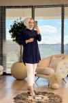 7299 Tencel Sol Göğüs Boncuk Dal İşli Gömlek Lacivert