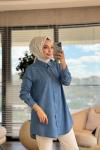 7299 Tencel Sol Göğüs Boncuk Dal İşli Gömlek Açık Mavi