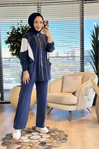 73076 Yanları Cepli Fermuarlı Takım Lacivert