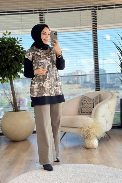 7337 Ön Payetli Yan Düğmeli Tunik Siyah