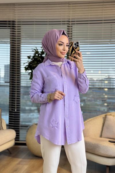 7343 Tencel Üstü Serpme Yıldız Nakışlı Gömlek Lila