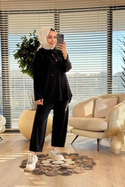 7416 Tencel Kapşonlu Patı Çıtçıtlı Takım Siyah
