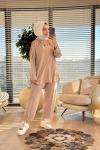 7416 Tencel Kapşonlu Patı Çıtçıtlı Takım Bej
