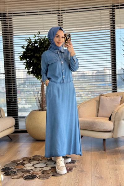 7427 Tencel Cep Detay Metal Düğmeli Etekli Takım Mavi