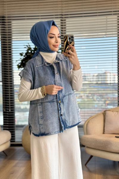 7441 Tencel Ön Dikişli Ve Cepli Yelek Mavi