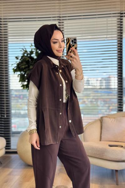 7441 Tencel Ön Dikişli Ve Cepli Yelek Kahve