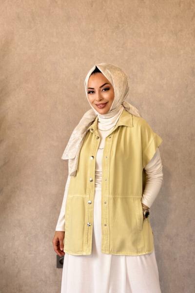 7441 Tencel Ön Dikişli Ve Cepli Yelek Sarı