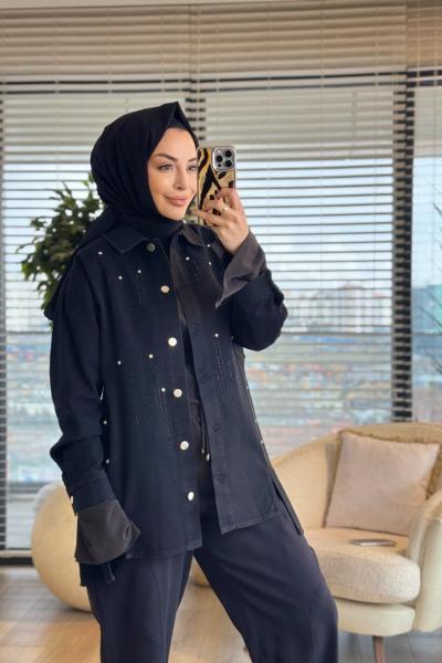 7456 Kot Ön Sıra Taş Baskılı Ceket Siyah