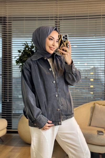 7458 Omuzları Pile Detaylı Kot Ceket Gri