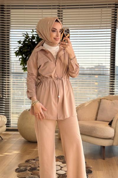 7459 Cepli Beli Büzgülü Takım Bej
