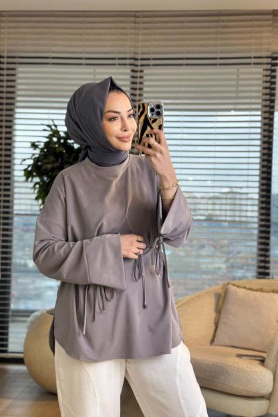 7465 Oysho Kolları Bağcıklı Tunik Gri