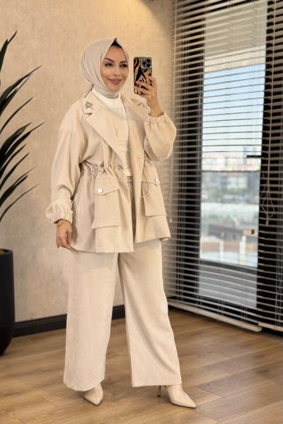 75007 Kadife Önden Cepli Beli Büzgülü Takım Bej