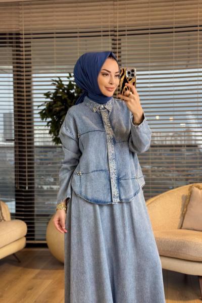 7502 Patı Yakası Taşlı Kot Etekli Takım Mavi