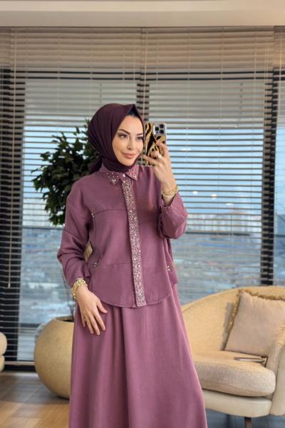 7502 Patı Yakası Taşlı Kot Etekli Takım Mürdüm