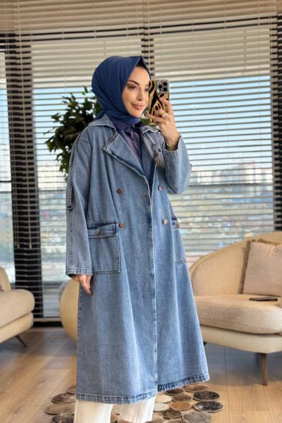 7503 Altı Düğmeli Apoletli Kot Trenç Mavi