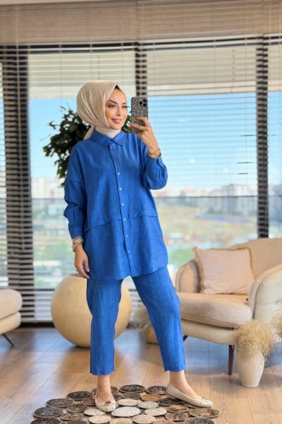 7504 Beli Şeritli Pantolon Takım Saks