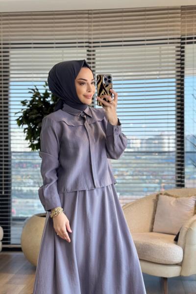 7510 Omzu Parçalı Etekli Takım Gri