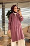 7511 Tencel Ön Cepli Metal Düğmeli Uzun Tunik Mürdüm