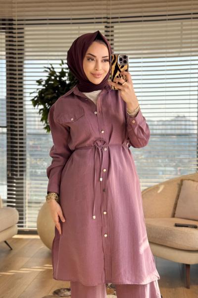 7513 Uzun Tunik Tek Cepli Takım Gül