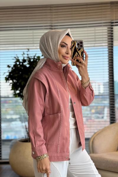 7519 Önü Zımbalı Kot Ceket Pembe