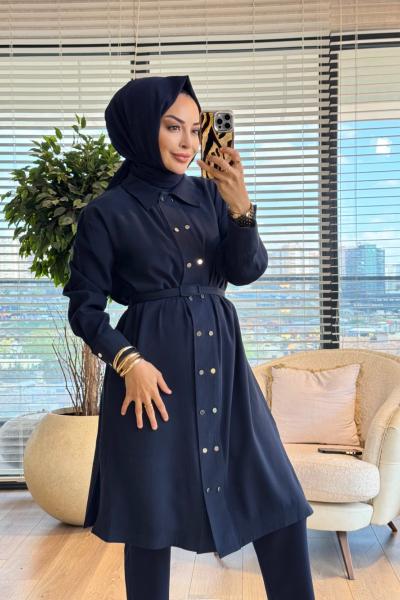 7522 Ön İki Sıra Metal Düğmeli Uzun Tunik Lacivert