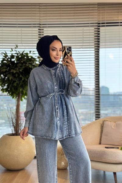 7526 Önü Pile Dikişli Yakasız Kot Takım Mavi