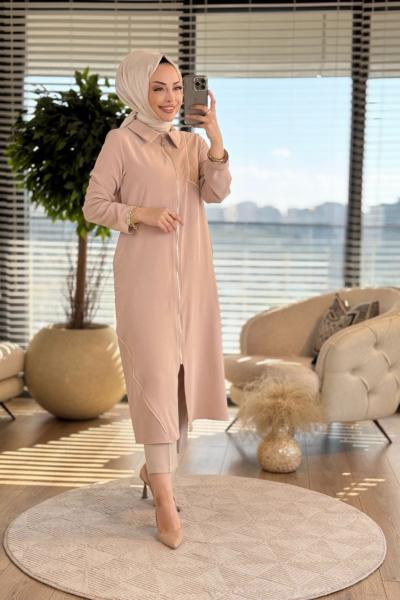 7644 Sağ Omuz Etek Ucu Biyeli Fermuarlı Kap Bej