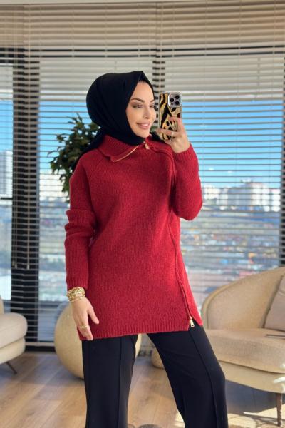 7768 Oslo Yandan Fermuarlı Triko Tunik Kırmızı