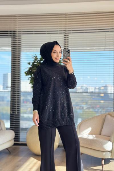 7880 Üstü Serpme Taşlı Triko Tunik Siyah