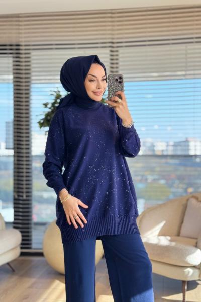 7880 Üstü Serpme Taşlı Triko Tunik Lacivert