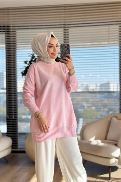 7880 Üstü Serpme Taşlı Triko Tunik Pembe