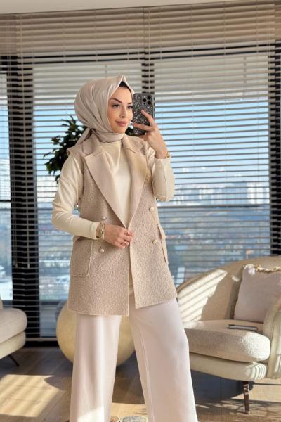 7889 Bukle Dört Düğmeli Yelek Taş