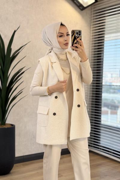 7889 Bukle Dört Düğmeli Yelek Taş