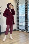 7890 Kapşonlu Kürk Kısa Kaban Bordo