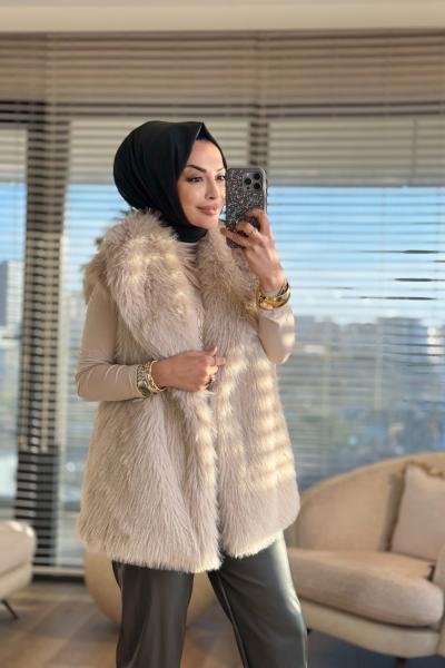 7921 Peluş Yakalı Düğmesiz Yelek Taş