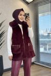 7951 Yaka Kürklü Cebi Fermuarlı Angora Yelek Bordo