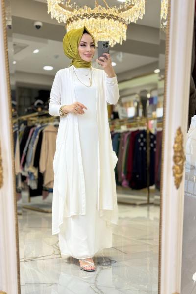 798 Garni Şifonlu Asimetrik Uzun Ceket Ekru