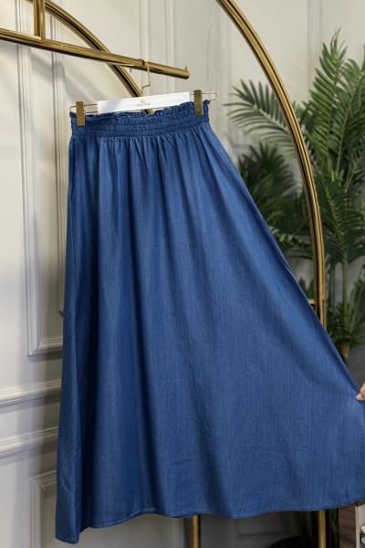 8004 Tencel Beli Lastikli Etek Mavi