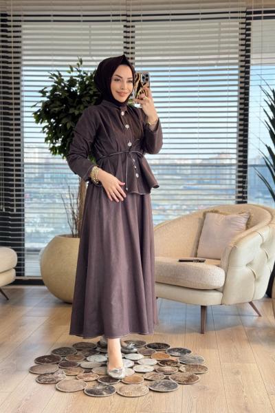 802 Tencel Önü Çiçek Düğme Yakasız Takım Kahve