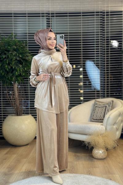 8434 Kadife Degaje Yaka Takım Bej