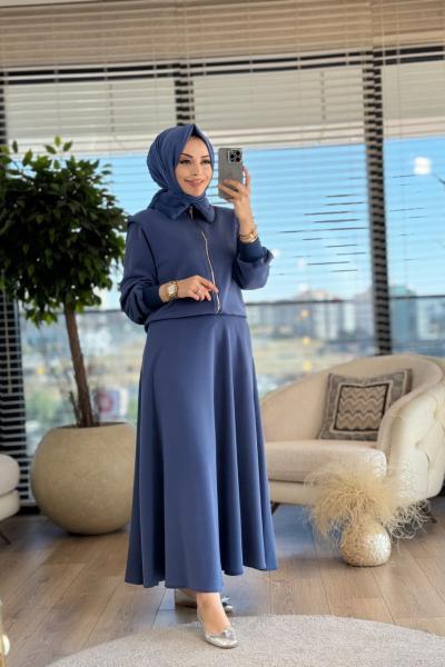 8447 Yaka Kürklü Ön Fermuarlı Takım İndigo